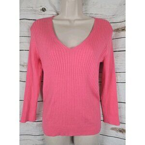 J McLaughlin Pink Ribbed Knit Sweater M Pullover V-neck Womens Preppy Cotton